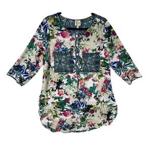 FIG & FLOWER Womens 1X Floral Boho Blouse Lightweight 3 4 Sleeve Top